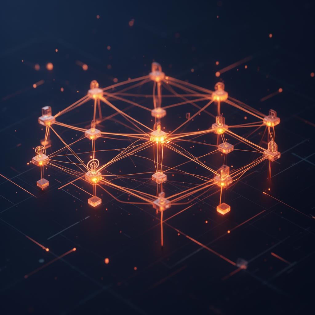 Glowing network of nodes representing connected systems